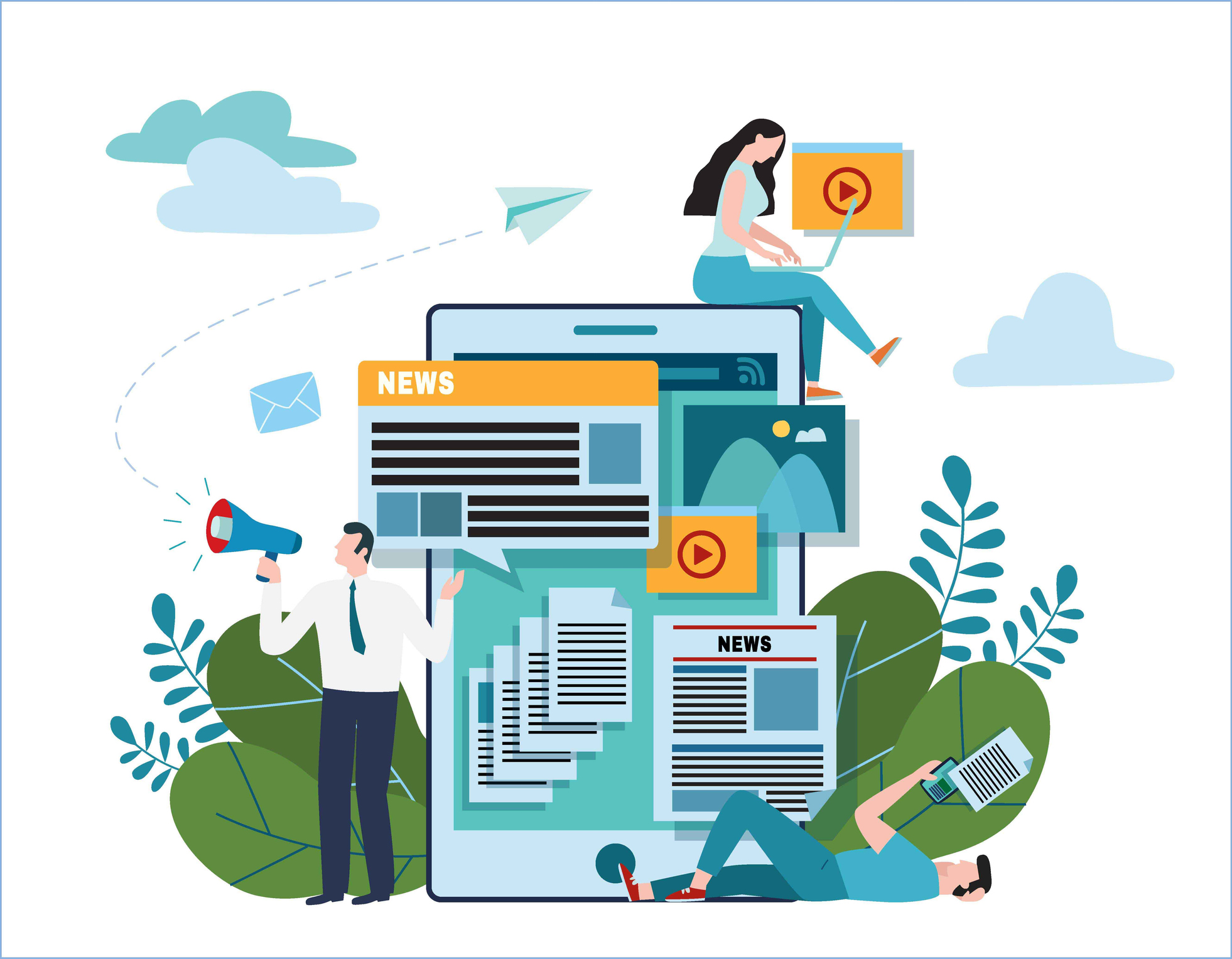 news update online illustration vector.
newspaper website concept.
announcements internet social network.
flat cartoon design for banner mobile and web
announcer holding megaphone