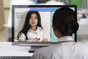Female patient takeing distance medical consultation to doctor by live video call.