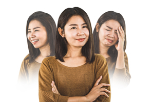 bipolar disorder Asian woman face happy smiling and depressed sad moods on white background