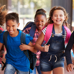 index crop children students school running backpacks